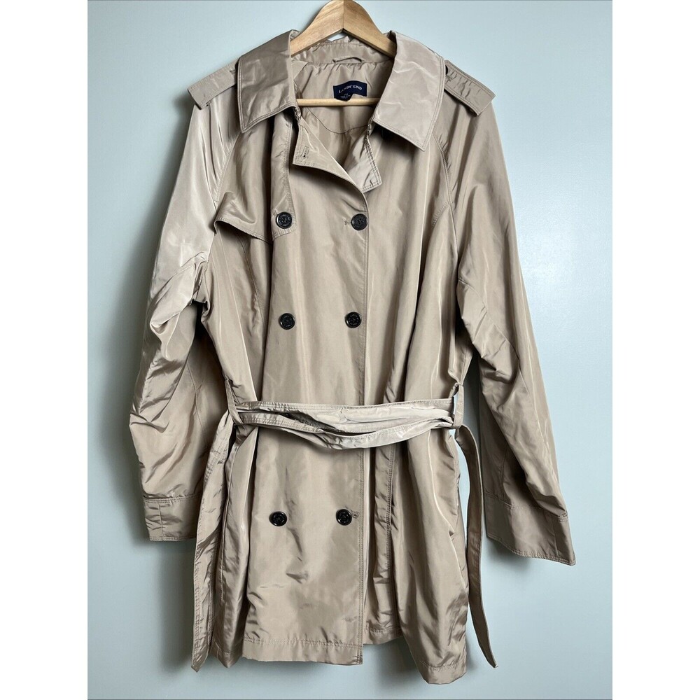 Y2K Lands End‎ Women's Double Breasted Belted Trench Coat Beige Lined 2XL 20-22W